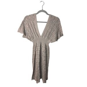 Womens One Size Taupe Crochet Knit Mini Dress V-Neck Boho Cottagecore Coverup